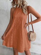 Georgia - Openwork Halter Mini Dress with Floral Pattern