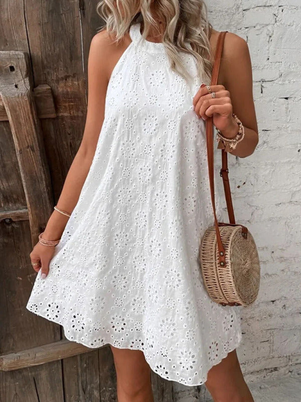 Georgia - Openwork Halter Mini Dress with Floral Pattern