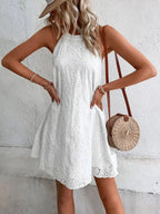 Georgia - Openwork Halter Mini Dress with Floral Pattern