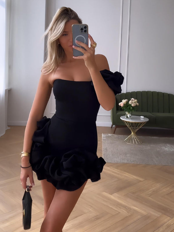 Paloma - One-Shoulder Mini Dress with Ruffle Hem, Fitted
