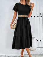 Alia - Midi Dress with Ruched Corset and Cut-Out Lace Sleeves