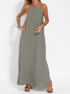 Eve - Halter Maxi Dress with Side Slit in Cotton-Linen Blend