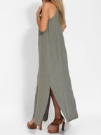 Eve - Halter Maxi Dress with Side Slit in Cotton-Linen Blend