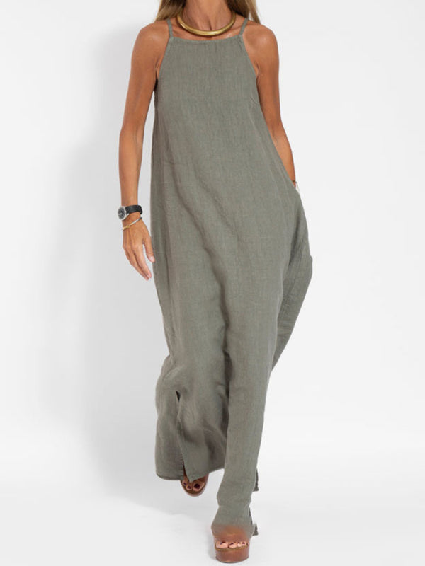 Eve - Halter Maxi Dress with Side Slit in Cotton-Linen Blend