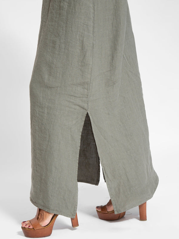 Eve - Halter Maxi Dress with Side Slit in Cotton-Linen Blend