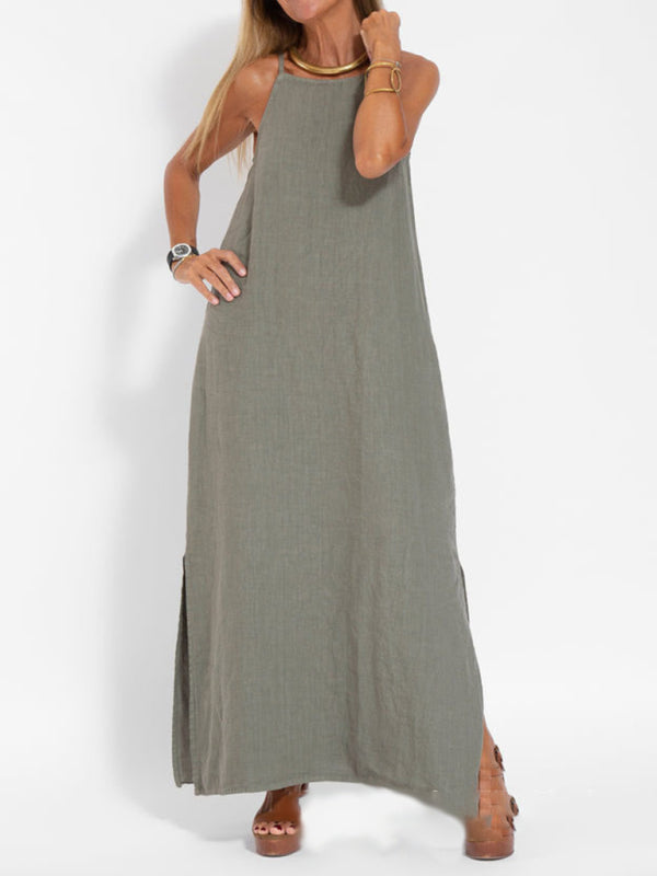 Eve - Halter Maxi Dress with Side Slit in Cotton-Linen Blend