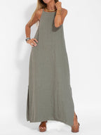 Eve - Halter Maxi Dress with Side Slit in Cotton-Linen Blend