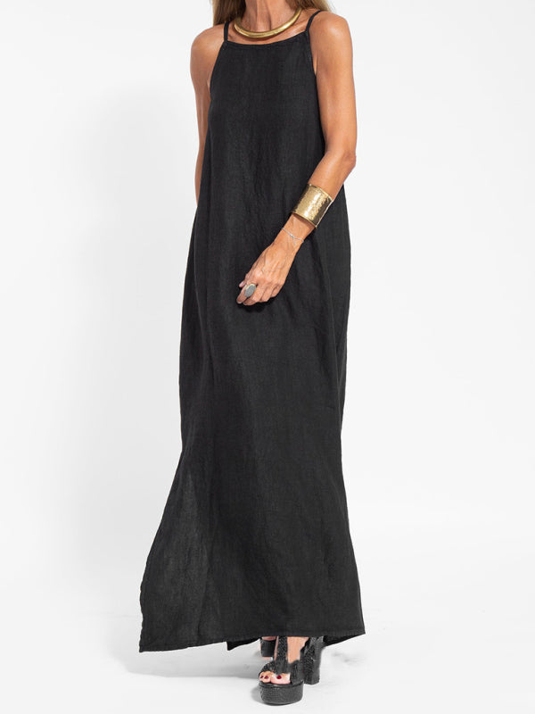 Eve - Halter Maxi Dress with Side Slit in Cotton-Linen Blend
