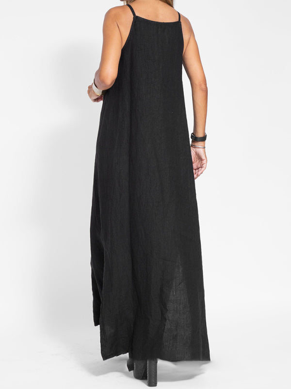 Eve - Halter Maxi Dress with Side Slit in Cotton-Linen Blend