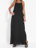 Eve - Halter Maxi Dress with Side Slit in Cotton-Linen Blend