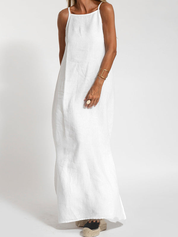 Eve - Halter Maxi Dress with Side Slit in Cotton-Linen Blend