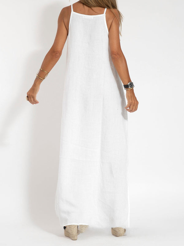 Eve - Halter Maxi Dress with Side Slit in Cotton-Linen Blend