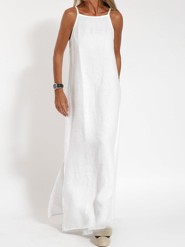 Eve - Halter Maxi Dress with Side Slit in Cotton-Linen Blend