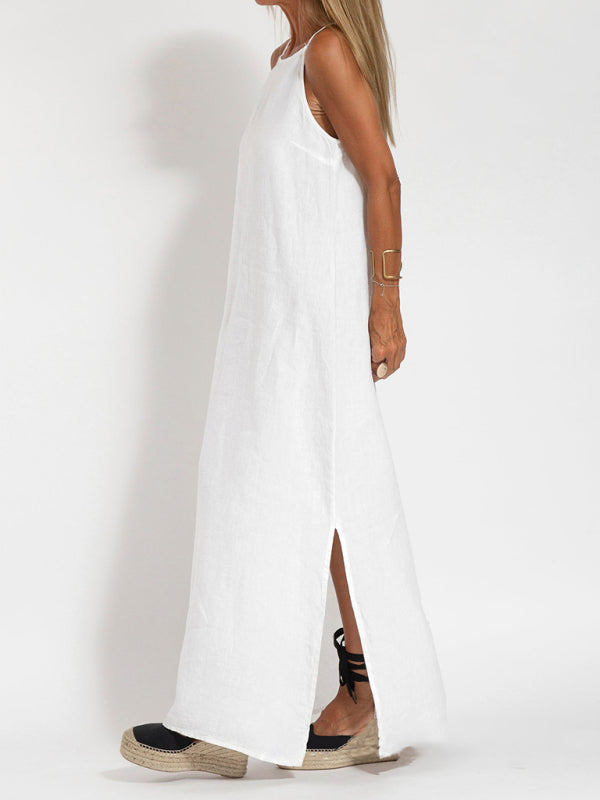 Eve - Halter Maxi Dress with Side Slit in Cotton-Linen Blend
