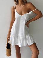 Noelle - V-Neck Mini Dress with Thin Straps and Ruffle Hem
