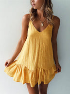 Noelle - V-Neck Mini Dress with Thin Straps and Ruffle Hem