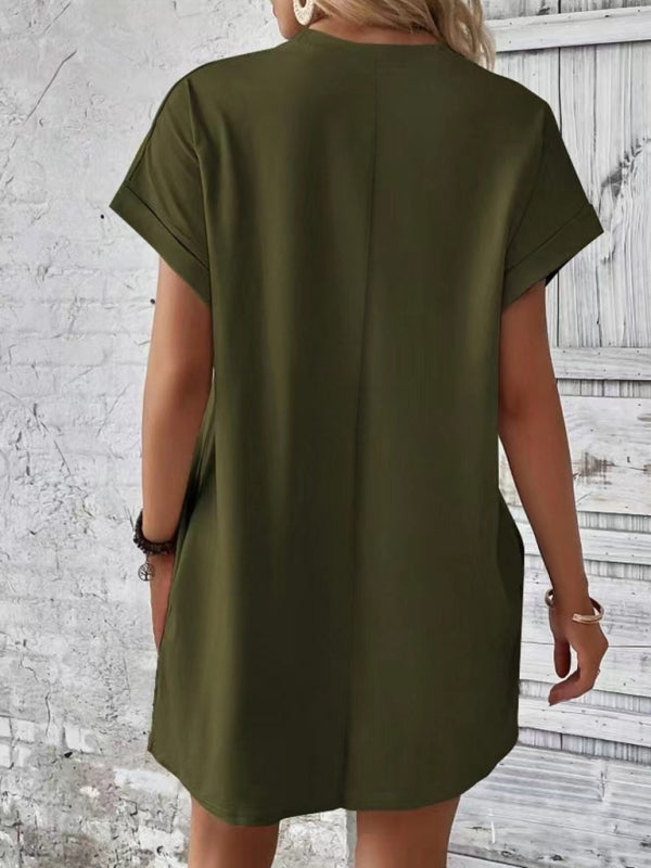 Aspen - Loose-Fit Dress with Pockets, Round Neck and Short Sleeves