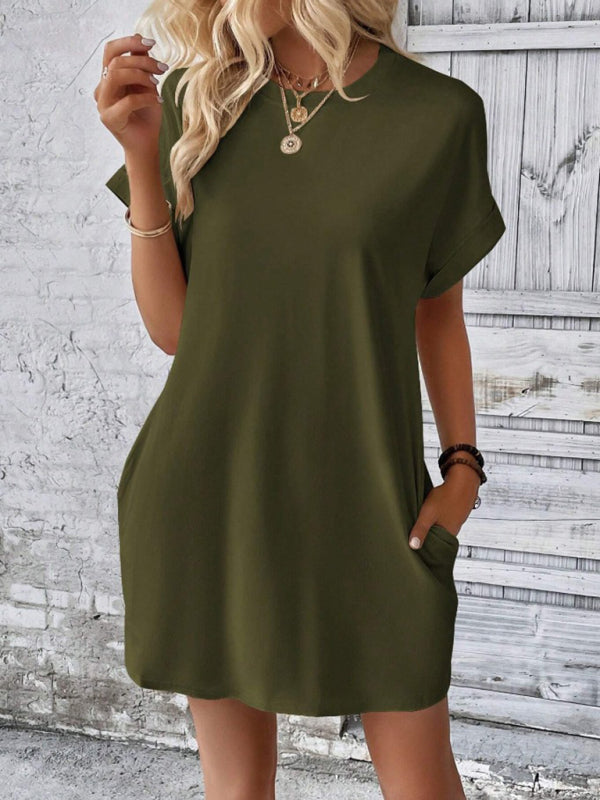 Aspen - Loose-Fit Dress with Pockets, Round Neck and Short Sleeves