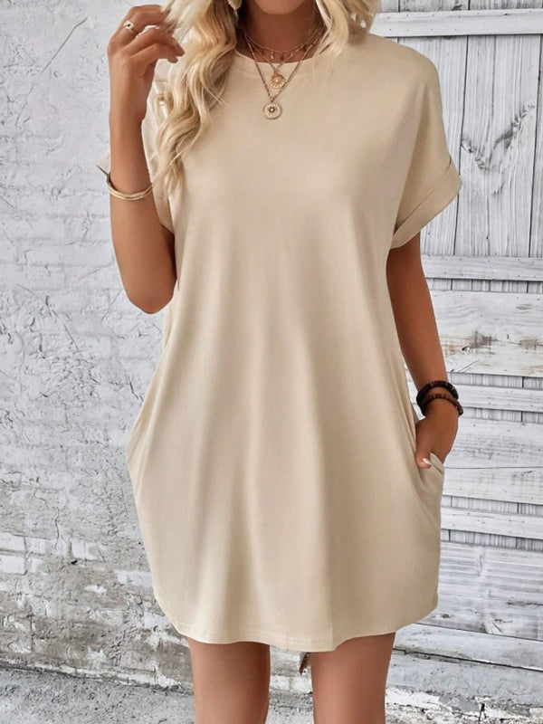 Aspen - Loose-Fit Dress with Pockets, Round Neck and Short Sleeves