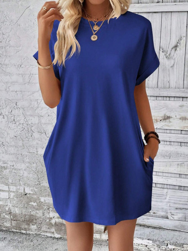 Aspen - Loose-Fit Dress with Pockets, Round Neck and Short Sleeves