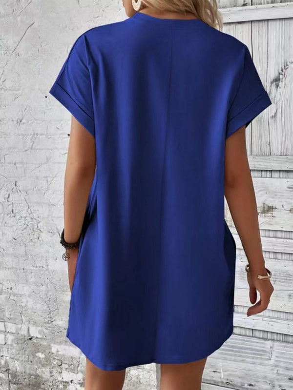Aspen - Loose-Fit Dress with Pockets, Round Neck and Short Sleeves