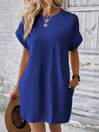 Aspen - Loose-Fit Dress with Pockets, Round Neck and Short Sleeves