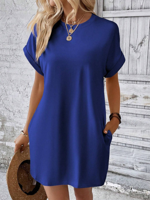 Aspen - Loose-Fit Dress with Pockets, Round Neck and Short Sleeves
