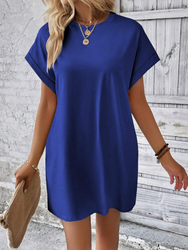 Aspen - Loose-Fit Dress with Pockets, Round Neck and Short Sleeves