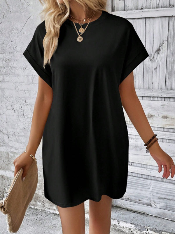Aspen - Loose-Fit Dress with Pockets, Round Neck and Short Sleeves