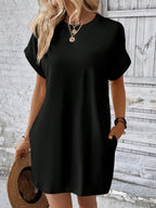 Aspen - Loose-Fit Dress with Pockets, Round Neck and Short Sleeves