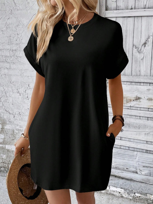 Aspen - Loose-Fit Dress with Pockets, Round Neck and Short Sleeves