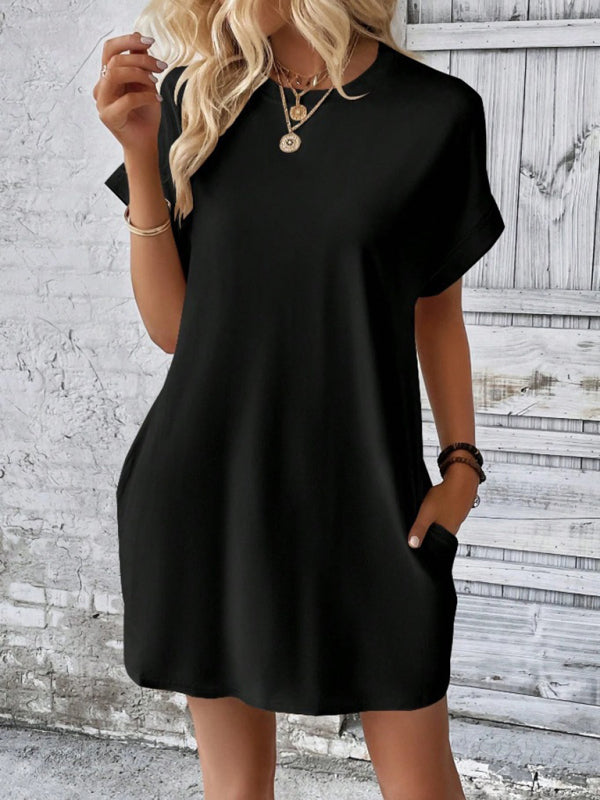 Aspen - Loose-Fit Dress with Pockets, Round Neck and Short Sleeves
