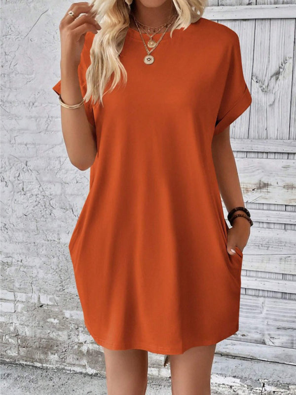 Aspen - Loose-Fit Dress with Pockets, Round Neck and Short Sleeves