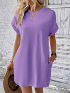 Aspen - Loose-Fit Dress with Pockets, Round Neck and Short Sleeves