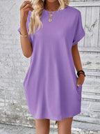 Aspen - Loose-Fit Dress with Pockets, Round Neck and Short Sleeves