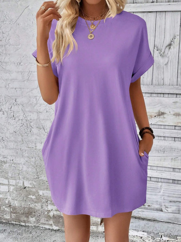 Aspen - Loose-Fit Dress with Pockets, Round Neck and Short Sleeves