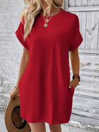 Aspen - Loose-Fit Dress with Pockets, Round Neck and Short Sleeves