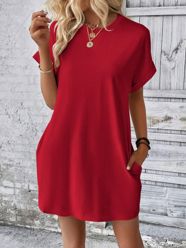 Aspen - Loose-Fit Dress with Pockets, Round Neck and Short Sleeves
