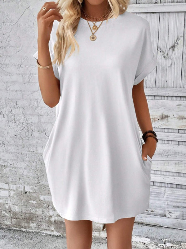 Aspen - Loose-Fit Dress with Pockets, Round Neck and Short Sleeves