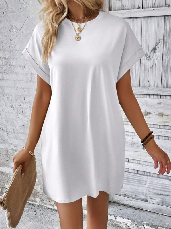 Aspen - Loose-Fit Dress with Pockets, Round Neck and Short Sleeves