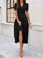 Cecily - V-Neck Midi Dress with Puff Sleeves and Ruched Waist