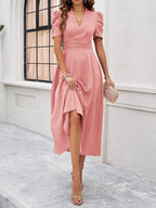 Cecily - V-Neck Midi Dress with Puff Sleeves and Ruched Waist