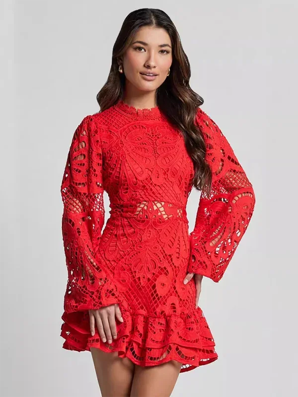 Stella - Women's Long-Sleeve Lace Mini Dress with Ruffles