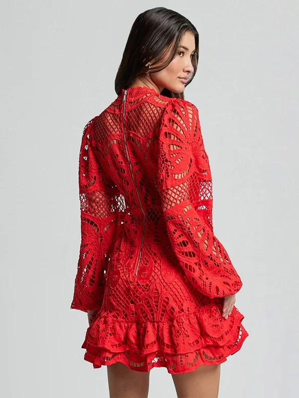 Stella - Women's Long-Sleeve Lace Mini Dress with Ruffles