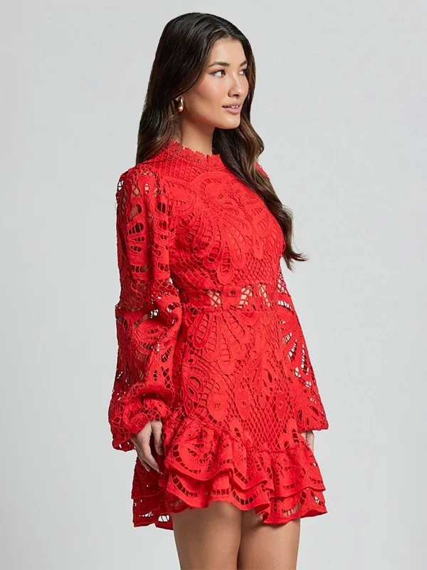 Stella - Women's Long-Sleeve Lace Mini Dress with Ruffles