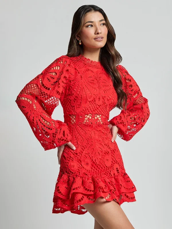 Stella - Women's Long-Sleeve Lace Mini Dress with Ruffles