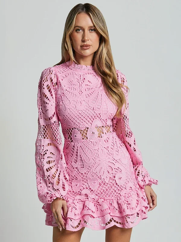 Stella - Women's Long-Sleeve Lace Mini Dress with Ruffles