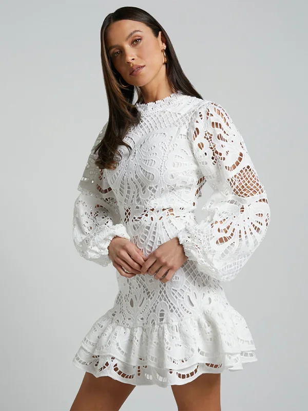 Stella - Women's Long-Sleeve Lace Mini Dress with Ruffles